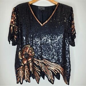 Vintage Royal Feelings‎ Silk Top Sz L Sequined Dark Floral Fairy Whimsigoth Glam